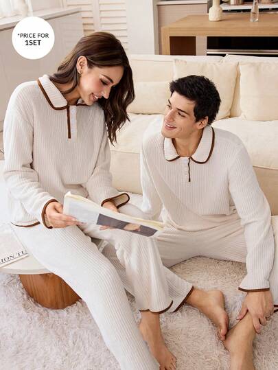 CoupledUp بيجامة رجالية مريحة كاجوال بياقة منحرفة وأكمام طويلة 3 أزرار، خريف/شتاء