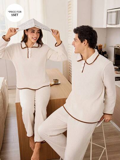 CoupledUp بيجامة رجالية مريحة كاجوال بياقة منحرفة وأكمام طويلة 3 أزرار، خريف/شتاء