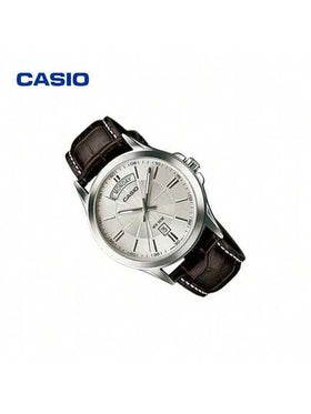 Casio ساعة كاسيو كلاسيكية للرجال، سوار جلد بني وقرص أبيض، تصميم رفيع 8.9 مم، حالة مطلية بالأيون، ساعة عمل كاجوال MTP-1381L-7A