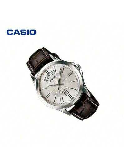 Casio ساعة كاسيو كلاسيكية للرجال، سوار جلد بني وقرص أبيض، تصميم رفيع 8.9 مم، حالة مطلية بالأيون، ساعة عمل كاجوال MTP-1381L-7A