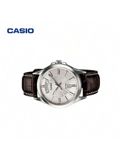 Casio ساعة كاسيو كلاسيكية للرجال، سوار جلد بني وقرص أبيض، تصميم رفيع 8.9 مم، حالة مطلية بالأيون، ساعة عمل كاجوال MTP-1381L-7A