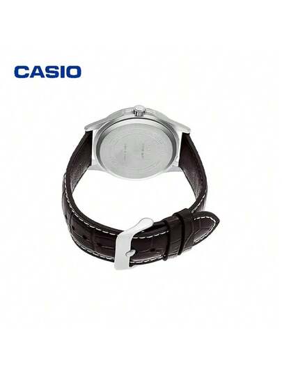 Casio ساعة كاسيو كلاسيكية للرجال، سوار جلد بني وقرص أبيض، تصميم رفيع 8.9 مم، حالة مطلية بالأيون، ساعة عمل كاجوال MTP-1381L-7A