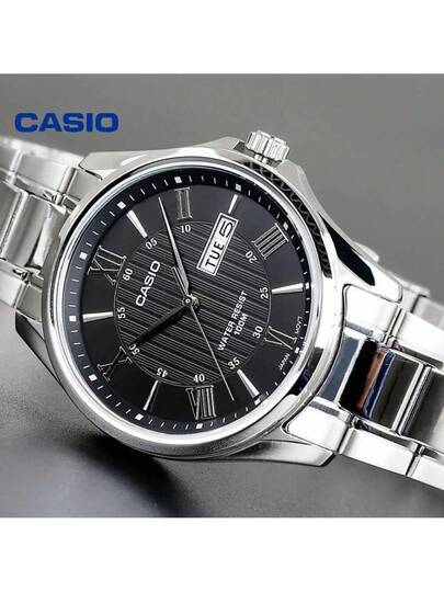 Casio ساعة كاسيو كلاسيكية للرجال 40.1 مم، من الفولاذ المقاوم للصدأ مع إبزيم قابل للطي، تصميم رفيع 8.7 مم، مقاوم للماء حتى 100 متر، ساعة يومية متعددة الاستخدامات MTP-1384D-1A