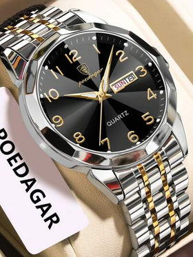 POEDAGAR ساعة يد رجالية من الفولاذ المقاوم للصدأ بحركة كوارتز، مقاومة للماء، مضيئة، عرض التاريخ المزدوج، ساعة رجالية عصرية، مناسبة للارتداء اليومي، هدية عيد الحب
