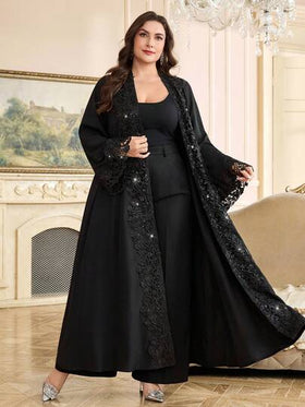 Al Najma رمضان عباءة نسائية أنيقة بتصميم لحاقي من الدانتيل مفتوحة من الأمام، موديل خريفي بمقاسات كبيرة
