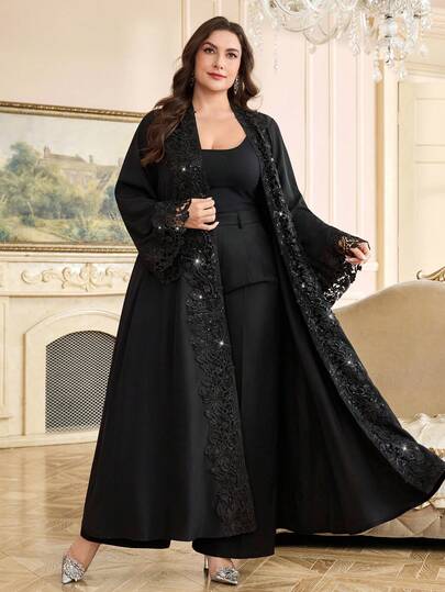 Al Najma رمضان عباءة نسائية أنيقة بتصميم لحاقي من الدانتيل مفتوحة من الأمام، موديل خريفي بمقاسات كبيرة