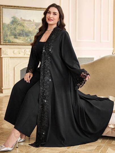 Al Najma رمضان عباءة نسائية أنيقة بتصميم لحاقي من الدانتيل مفتوحة من الأمام، موديل خريفي بمقاسات كبيرة
