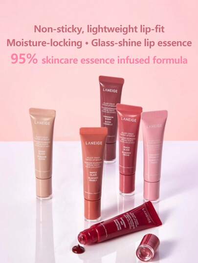 Laneige سيروم شفاه ملون بالزجاج 12 جرام، فرشاة سيليكون بشكل دونات، مرطب وشفاف، منتفخ ومغذي، له تأثير شفاف كالزجاج بلون عاري، تشطيب مكياج كوري