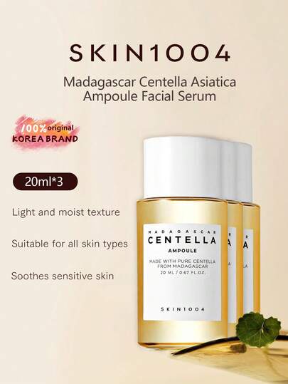 SKIN1004 3 أمبولة من جوهر سنتيلا الآسيوية من مدغشقر. صيغة خفيفة ولطيفة، غير مهيجة. تهدئ البشرة الحساسة وتقوي حاجز البشرة. تعزز تجديد البشرة. تحافظ على التوازن بين الرطوبة والزيت. تحسن جودة البشرة. مناسبة لجميع أنواع البشرة، بما في ذلك البشرة الحساسة. جمال