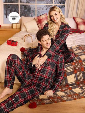 CoupledUp طقم بيجامة رجالي كاجوال مكون من ملابس علوية بياقة وأزرار وأكمام طويلة وبنطلون مطبوع بنقشة المربعات، ملابس شتوية وخريفية، طقم بيجامة متطابق للأزواج، طقم ملابس منزلية للرجال، طقم بيجامات للرجال، عيد الميلاد