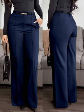 بنطلون جينزي أنيق بلون أزرق داكن بجيوب وسحاب، بتصميم مستقيم للساق، مناسب للارتداء اليومي والرسمي في المكتب، وللتنقل والاستخدام في الربيع والصيف