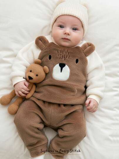 Cozy Pixies مجموعة ملابس علوية وبنطلون سميك ذو خصر مطاطي للأطفال الصبيان، بنمط الدب بألوان متباينة، كم راجلان وياقة طاقم، للخريف/الشتاء، قطعتان