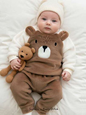 Cozy Pixies مجموعة ملابس علوية وبنطلون سميك ذو خصر مطاطي للأطفال الصبيان، بنمط الدب بألوان متباينة، كم راجلان وياقة طاقم، للخريف/الشتاء، قطعتان