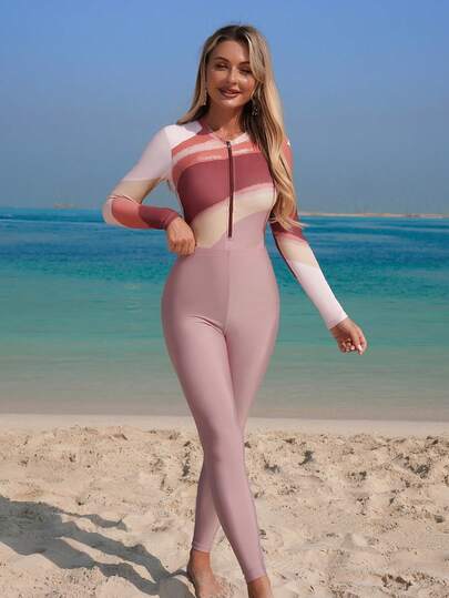 Swim Mulvari مجموعة ملابس سباحة أنيقة للنساء ذات تصميم سحاب وأكمام طويلة بتدرج ألوان متعدد، مناسبة للربيع والصيف