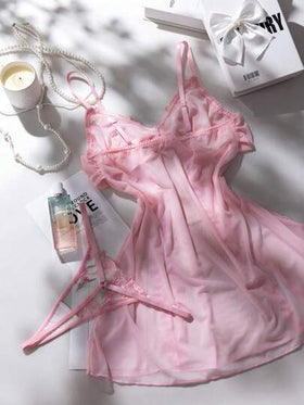 SHEIN مجموعة قميص نوم نسائي مزين بطبعة زهرية مطرزة وشبك وفيونكة، مثير