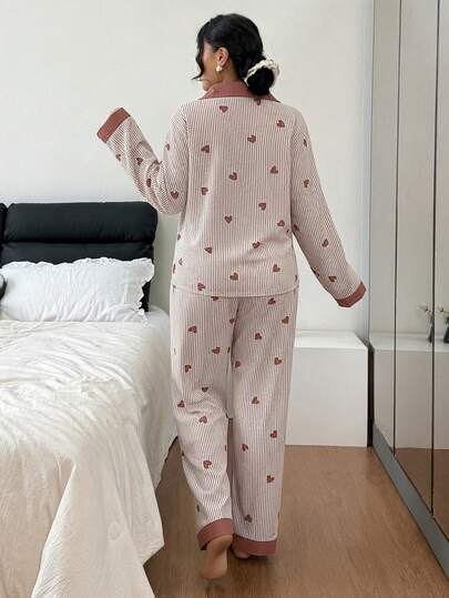 SHEIN مجموعة بيجامات طويلة الأكمام، ملابس شتوية للنوم للنساء