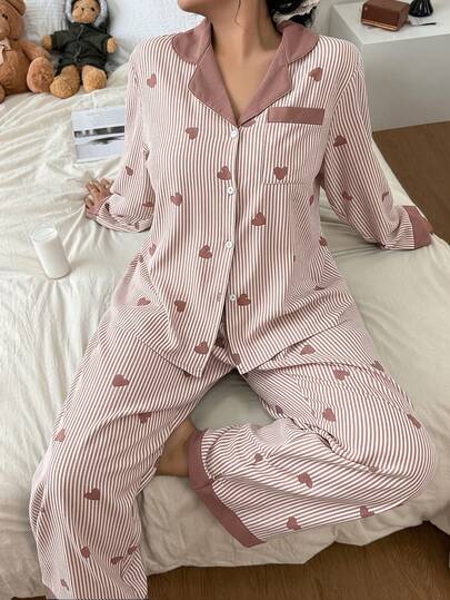 SHEIN مجموعة بيجامات طويلة الأكمام، ملابس شتوية للنوم للنساء
