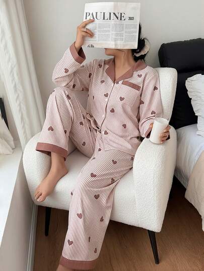 SHEIN مجموعة بيجامات طويلة الأكمام، ملابس شتوية للنوم للنساء
