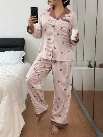 SHEIN مجموعة بيجامات طويلة الأكمام، ملابس شتوية للنوم للنساء