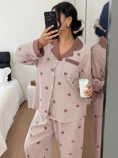 SHEIN مجموعة بيجامات طويلة الأكمام، ملابس شتوية للنوم للنساء