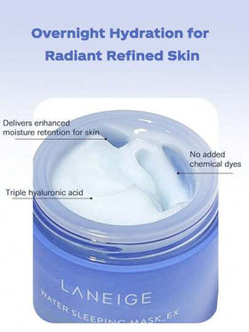 Laneige قناع النوم المائي من لانيج 70 مل - يوفر ترطيبًا طوال الليل، يقفل الرطوبة، يعزز إشراق البشرة، ينعم ملمس البشرة، يهدئ ويصلح، يوازن الزيت والماء. يشكل طبقة مترطبة مستمرة طوال الليل. ملمس جيلي أزرق فاتح، منعش وغير لزج، مناسب لجميع أنواع البشرة. 70 مل/