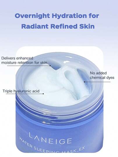 Laneige قناع النوم المائي من لانيج 70 مل - يوفر ترطيبًا طوال الليل، يقفل الرطوبة، يعزز إشراق البشرة، ينعم ملمس البشرة، يهدئ ويصلح، يوازن الزيت والماء. يشكل طبقة مترطبة مستمرة طوال الليل. ملمس جيلي أزرق فاتح، منعش وغير لزج، مناسب لجميع أنواع البشرة. 70 مل/