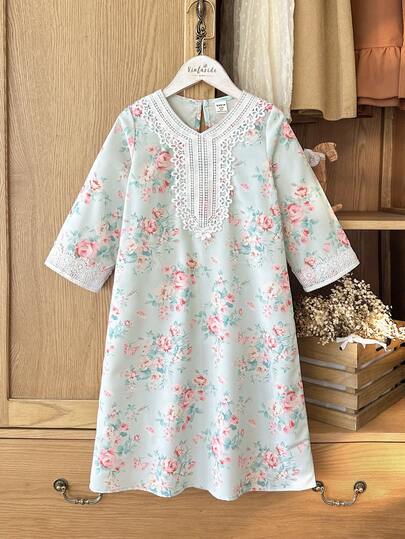SHEIN فستان أزرق طويل الأكمام بطبعات زهور صغيرة للبنات، تصميم مكشكش أنيق مناسب للارتداء اليومي، للربيع/الخريف