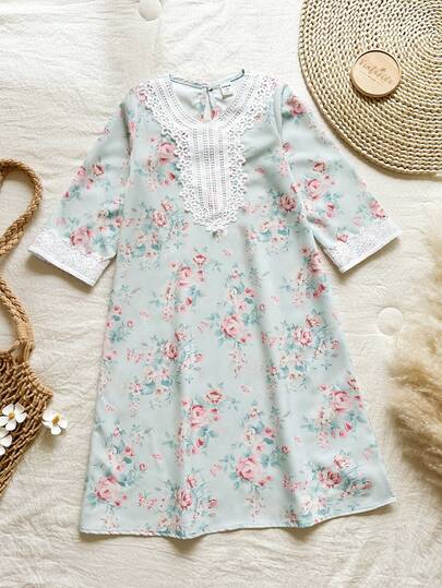 SHEIN فستان أزرق طويل الأكمام بطبعات زهور صغيرة للبنات، تصميم مكشكش أنيق مناسب للارتداء اليومي، للربيع/الخريف