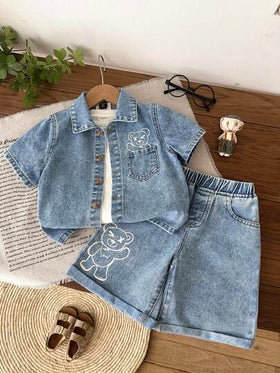 LMoss Kids مجموعة قميص جينز أزرق وشورت بنمط دب تيدي للأولاد الصغار 2 قطعة