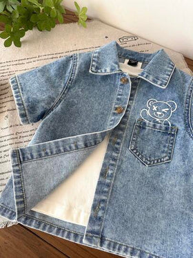 LMoss Kids مجموعة قميص جينز أزرق وشورت بنمط دب تيدي للأولاد الصغار 2 قطعة