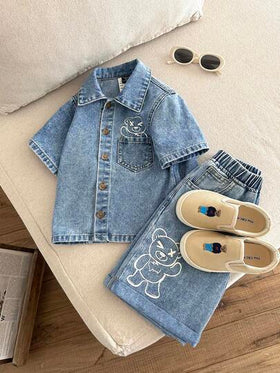 LMoss Kids مجموعة قميص جينز أزرق وشورت بنمط دب تيدي للأولاد الصغار 2 قطعة