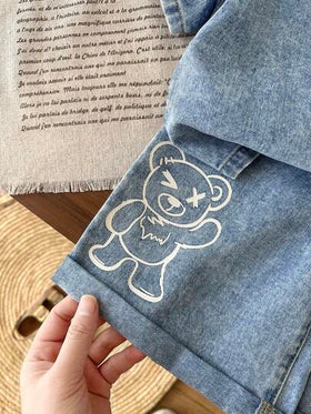 LMoss Kids مجموعة قميص جينز أزرق وشورت بنمط دب تيدي للأولاد الصغار 2 قطعة