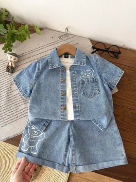 LMoss Kids مجموعة قميص جينز أزرق وشورت بنمط دب تيدي للأولاد الصغار 2 قطعة