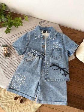 LMoss Kids مجموعة قميص جينز أزرق وشورت بنمط دب تيدي للأولاد الصغار 2 قطعة