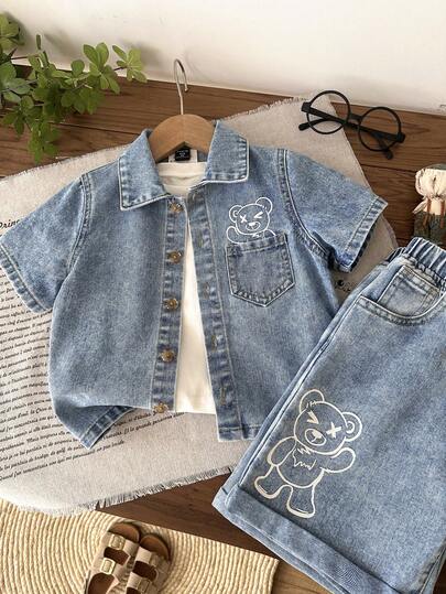 LMoss Kids مجموعة قميص جينز أزرق وشورت بنمط دب تيدي للأولاد الصغار 2 قطعة