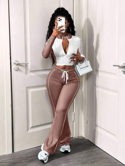 SHEIN BamGlam طقم كاجوال للنساء مكون من قطعتين، تصميم كتل اللون، جاكيت سحاب طويل الأكمام وبنطال بحبل شد، خريفي