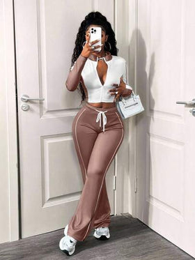 SHEIN BamGlam طقم كاجوال للنساء مكون من قطعتين، تصميم كتل اللون، جاكيت سحاب طويل الأكمام وبنطال بحبل شد، خريفي