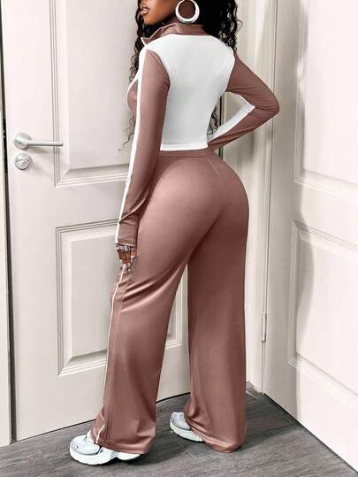 SHEIN BamGlam طقم كاجوال للنساء مكون من قطعتين، تصميم كتل اللون، جاكيت سحاب طويل الأكمام وبنطال بحبل شد، خريفي