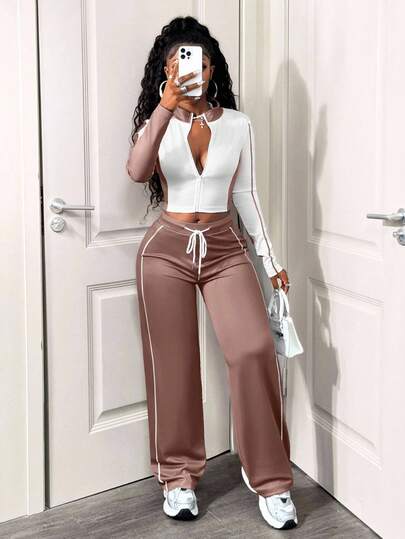 SHEIN BamGlam طقم كاجوال للنساء مكون من قطعتين، تصميم كتل اللون، جاكيت سحاب طويل الأكمام وبنطال بحبل شد، خريفي
