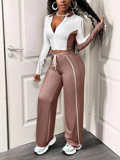 SHEIN BamGlam طقم كاجوال للنساء مكون من قطعتين، تصميم كتل اللون، جاكيت سحاب طويل الأكمام وبنطال بحبل شد، خريفي