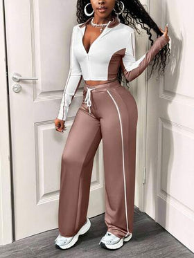 SHEIN BamGlam طقم كاجوال للنساء مكون من قطعتين، تصميم كتل اللون، جاكيت سحاب طويل الأكمام وبنطال بحبل شد، خريفي