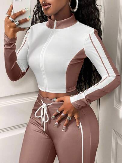 SHEIN BamGlam طقم كاجوال للنساء مكون من قطعتين، تصميم كتل اللون، جاكيت سحاب طويل الأكمام وبنطال بحبل شد، خريفي