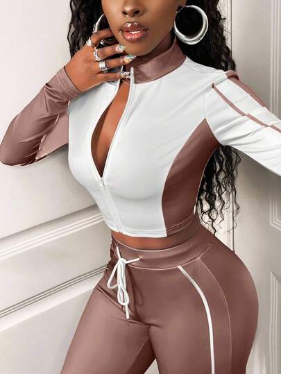 SHEIN BamGlam طقم كاجوال للنساء مكون من قطعتين، تصميم كتل اللون، جاكيت سحاب طويل الأكمام وبنطال بحبل شد، خريفي