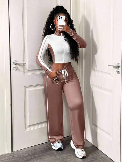 SHEIN BamGlam طقم كاجوال للنساء مكون من قطعتين، تصميم كتل اللون، جاكيت سحاب طويل الأكمام وبنطال بحبل شد، خريفي