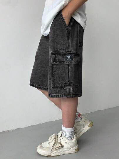 SHEIN شورت جينز كاجوال واسع الساق مغسول للأولاد المراهقين