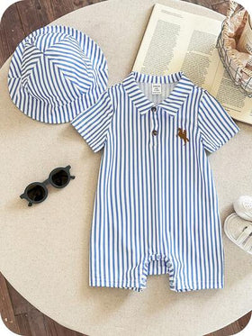SHEIN مجموعة من قطعتين لحديثي الولادة من الأولاد/البنات، رومبير قصيرة الأكمام مطبوعة بطبعة الحصان بطراز كولومبي مريح وقبعة شمس، مناسبة للاستخدام الداخلي والخارجي واليومي والرياضي واللعب والحفلات وتصوير الصور والعطلات في الربيع والصيف
