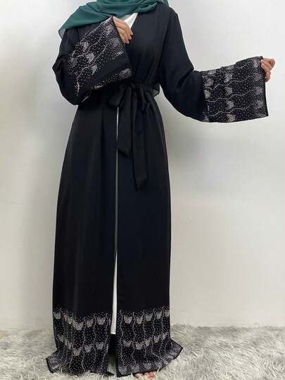 عباءة نسائية فاخرة، مزينة بالراين ستون على جيوب الجوانب، بتصميم راقي، كارديجان مستوحى من دبي