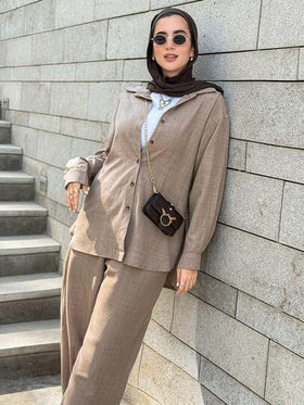 DAZY مجموعة قطعتين كاجوال فضفاضة من قماش الكتان المزيف بلون أحادي على طراز الغرب للنساء، مجموعات ملابس منزلية متواضعة للربيع للنساء