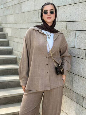 DAZY مجموعة قطعتين كاجوال فضفاضة من قماش الكتان المزيف بلون أحادي على طراز الغرب للنساء، مجموعات ملابس منزلية متواضعة للربيع للنساء