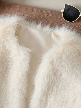 SHEIN 1 قطعة جاكيت أنيق وفاخر من الفرو الصناعي ذو كم طويل وبطانة مزدوجة مناسب للفتيات المراهقات، لون المشمش، مريح للارتداء في الخريف/الشتاء، للاستخدام الداخلي والخارجي، للأناقة اليومية والسفر والحفلات، ملابس خارجية متعددة الاستخدامات